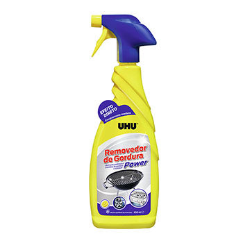 Removedor de gordura Power UHU, desengordurante de 650ml, apresenta fórmula para limpeza profunda e rápida de superfícies.