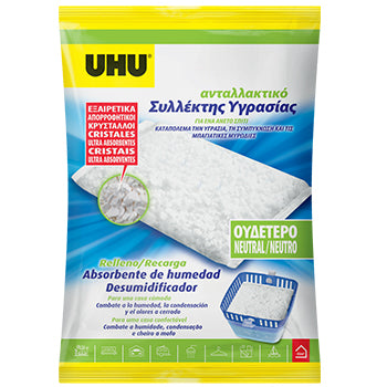 Recarga de desumidificador UHU Air Max de 450g para controle de umidade, mostrando o produto e embalagem.