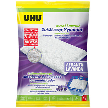 Recarga de desumidificador UHU Lavanda de 450g para ambientes secos, com embalagem visível e detalhes do produto.