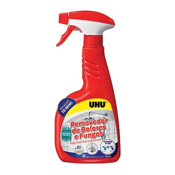 Removedor de bolores e fungos UHU Air Max para multisuperfícies, frasco de 500ml, com etiqueta visível, destaque para higiene e proteção