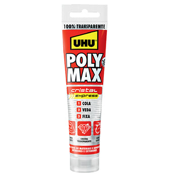 Silicone UHU Poly Max Cristal Express 115g, cola de fixação rápida, transparente, ideal para reparos e trabalhos de vedação.