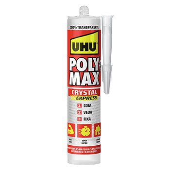 Cola transparente UHU VedaPolyMax Cristal Express, silicone para fixação rápida, 300g de cola para várias superfícies.