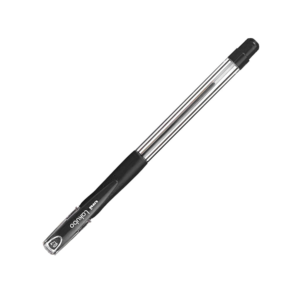 Esferográfica Uni Lakubo SG100 com grip de borracha preta, ponta de 0,7mm, para escrita confortável e suave.