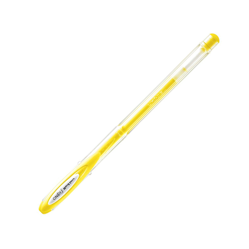 Caneta esferográfica gel Uni Signo Angelic amarelo com ponta de 0,7mm, escrita suave e design colorido.