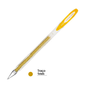 Caneta esferográfica gel Uni Signo Sparkling Ouro 1mm com acabamento brilhante e escrita suave, ideal para escrita elegante.