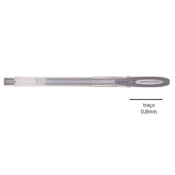 Caneta esferográfica gel Uni Signo UM120NM prata com ponta de 0,8mm, escrita suave e acabamento metálico prateado.