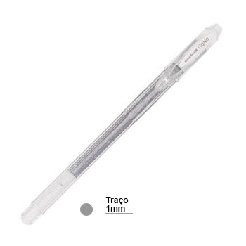 Esferográfica gel Uni Signo Sparkling Prata 1mm, caneta de escrita com acabamento prateado e ponta de 1mm, em uso sobre papel.