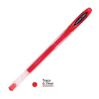 Esferográfica gel Uni Signo UM120 vermelha, ponta 0,7mm, escrita suave em uma unidade sobre fundo branco.