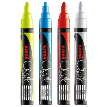 Conjunto de 4 marcadores Uni PWE-5M com ponta de 1,8 a 2,5 mm, em cores variadas, ideal para escrita e desenho.