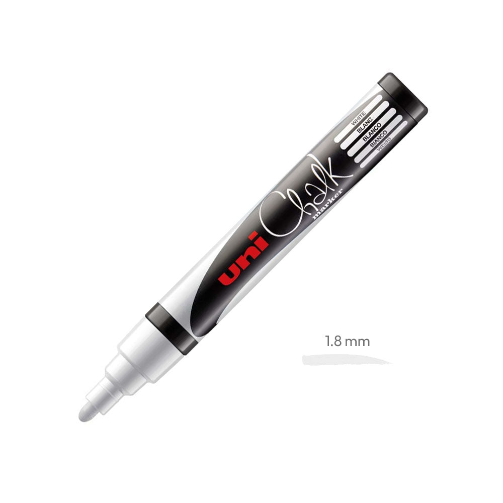 Marcador giz branco Uni PWE-5M para quadros e lousas, ponta de 1,8 a 2,5mm, ideal para escrita e desenho em lousas.