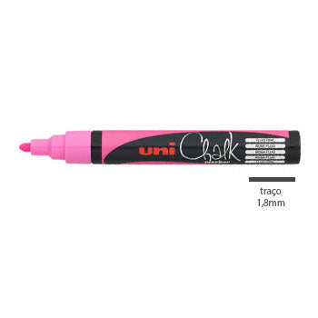 Marcador Uni PWE-5M rosa fluorescente, ponta de 1 a 2,5mm, para escrita e desenhos coloridos, em uso no papel.