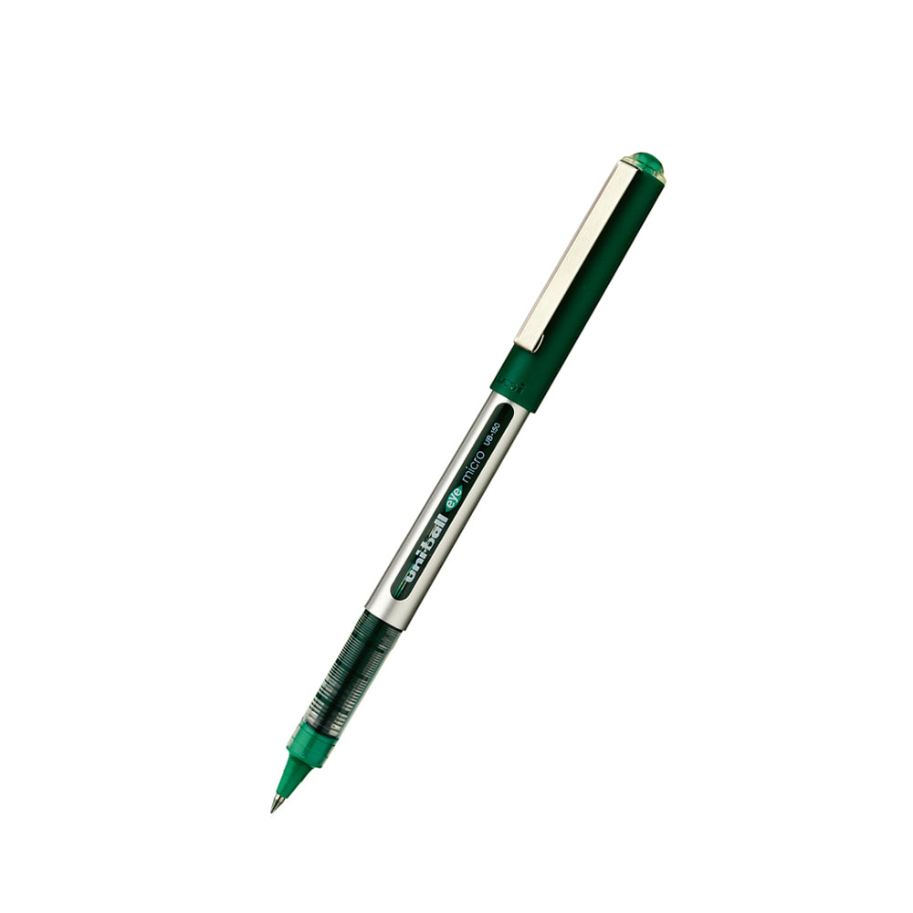Marcador roller Uni UB150 verde com ponta de 0,5mm para escrever e destacar em papel.