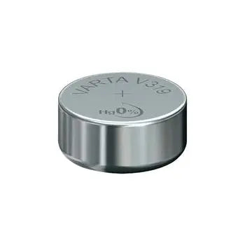 Conjunto de 10 pilhas Varta V319 1,55V para relógios, mostradas em embalagem com as pilhas visíveis.