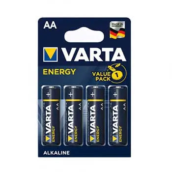 Pilhas AA LR6 Alcalinas Varta Energy de 1,5V e 2600mAh, 4 unidades, mostrando as pilhas em embalagem padrão