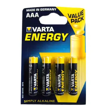 Pilhas AAA LR03 Alcalinas Varta Energy de 1,5V, pacote com 4 unidades, ideal para dispositivos eletrônicos.