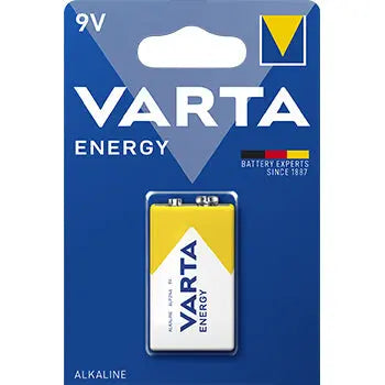 Pilhas alcalinas 9V Varta Energy 530mAh, unidade, com embalagem e detalhes visíveis na imagem.