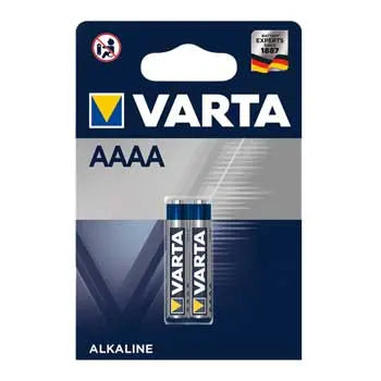 Duas pilhas alcalinas AAA Varta LR61 1,5V, mostra as pilhas com embalagem branca e marca Varta.
