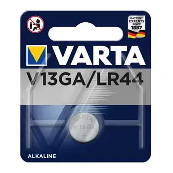 Pilhas alcalinas Varta V13GA LR44 1.5V, unidade, mostrada em embalagem com a pilha visível.