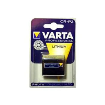 Pilhas CR-P2 Lithium Varta 6V 1600mAh de alta performance, mostradas em embalagem branca com detalhes azuis e texto.