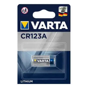 Pilhas CR123A Lithium Varta 3V 1600mAh, uma unidade, mostrada com destaque na imagem.