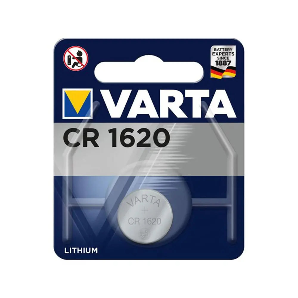 Pilhas CR1620 Lithium 3V da Varta, unidade de 70mAh, mostrando a embalagem e a pilha.