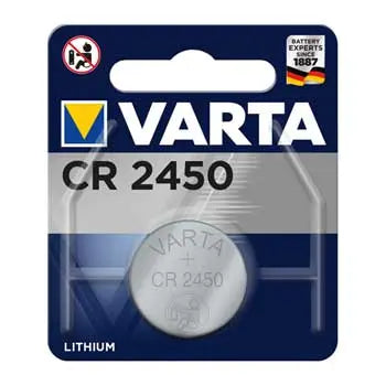 Pilhas CR2450 Lithium Varta de 3V, uma unidade com capacidade de 560mAh, mostrada em embalagem branca com marca Varta