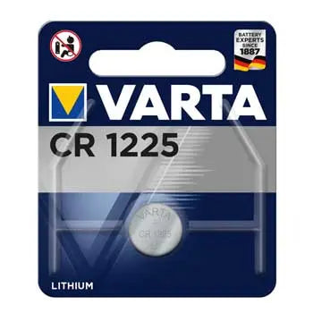 Pilhas de lítio CR1225 3V da Varta, unidade para relógios e dispositivos eletrônicos, mostra a pilha na embalagem.