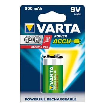 Pilhas recarregáveis Varta 9V 200mAh, unidade, mostradas em uma embalagem com detalhes do produto.