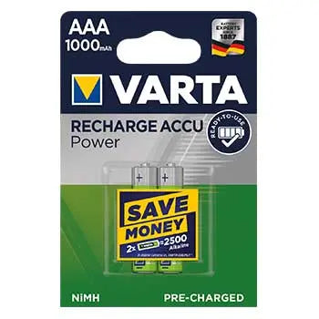 Duas pilhas recarregáveis AAA Varta de 1,2V 1000mAh, mostradas lado a lado em embalagem branca.