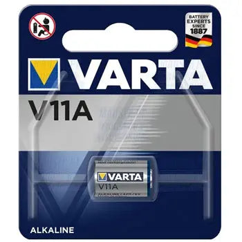 Pilhas alcalinas Varta V11A 6V 38mAh, unidade, mostradas em embalagem com foco na marca e especificações do produto.