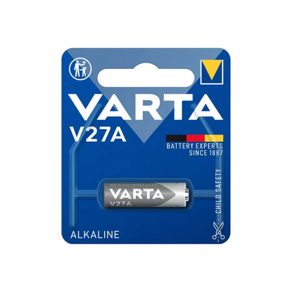 Pilhas alcalinas Varta V27A LR27 de 12V, unidade individual, display mostrando embalagem com uma pilha.
