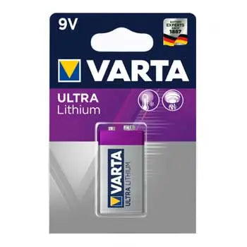 Pilhas Varta Lithium 6LR61 9V 1200mAh, bateria profissional de alta performance, vista na embalagem.