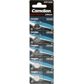 Pilhas CR1220 Lithium 3V 35mAh da Velleman, pacote com 5 unidades, mostradas em embalagem transparente.