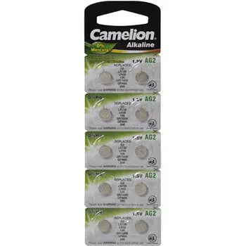 Pilhas Velleman LR726 AG2 1,5V 25mAh para relógios, pack com 10 unidades, mostradas em embalagem branca e detalhes da embalagem