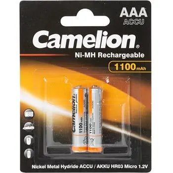 Pilhas recarregáveis AAA Velleman 1.2V 1100mAh, pacote com 2 unidades, mostrando as pilhas em destaque.