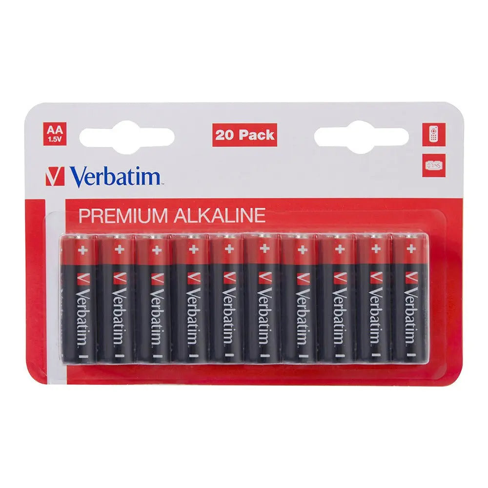 Pilhas AA LR6 Alcalinas Verbatim 1,5V 2900mAh, embalagem com 20 unidades, visível na imagem.