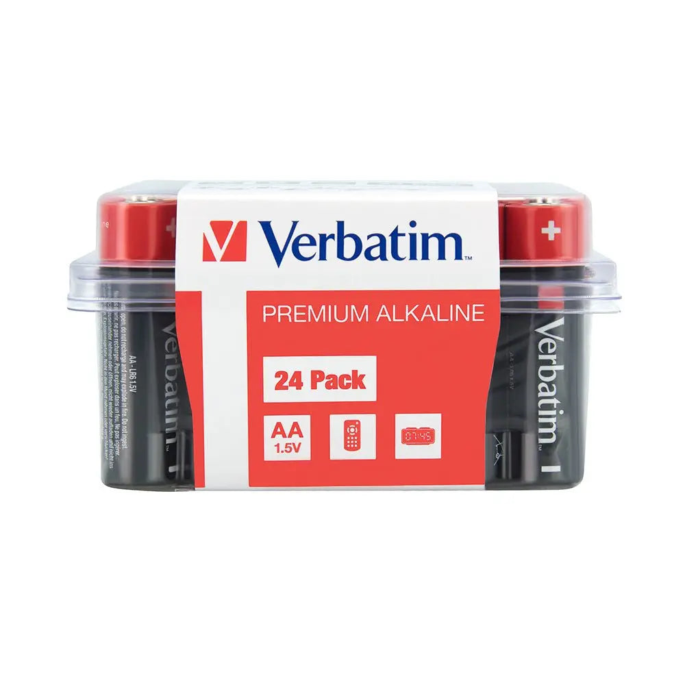 Pilhas AA LR6 Alcalinas Verbatim 1,5V 2900mAh, 24 unidades, mostrando embalagem com pilhas novas e marca Verbatim.