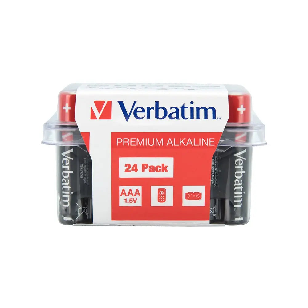 Pilhas AAA LR03 Alcalinas Verbatim 1.5V 1300mAh, 24 unidades, mostradas em embalagem com as pilhas empilhadas.