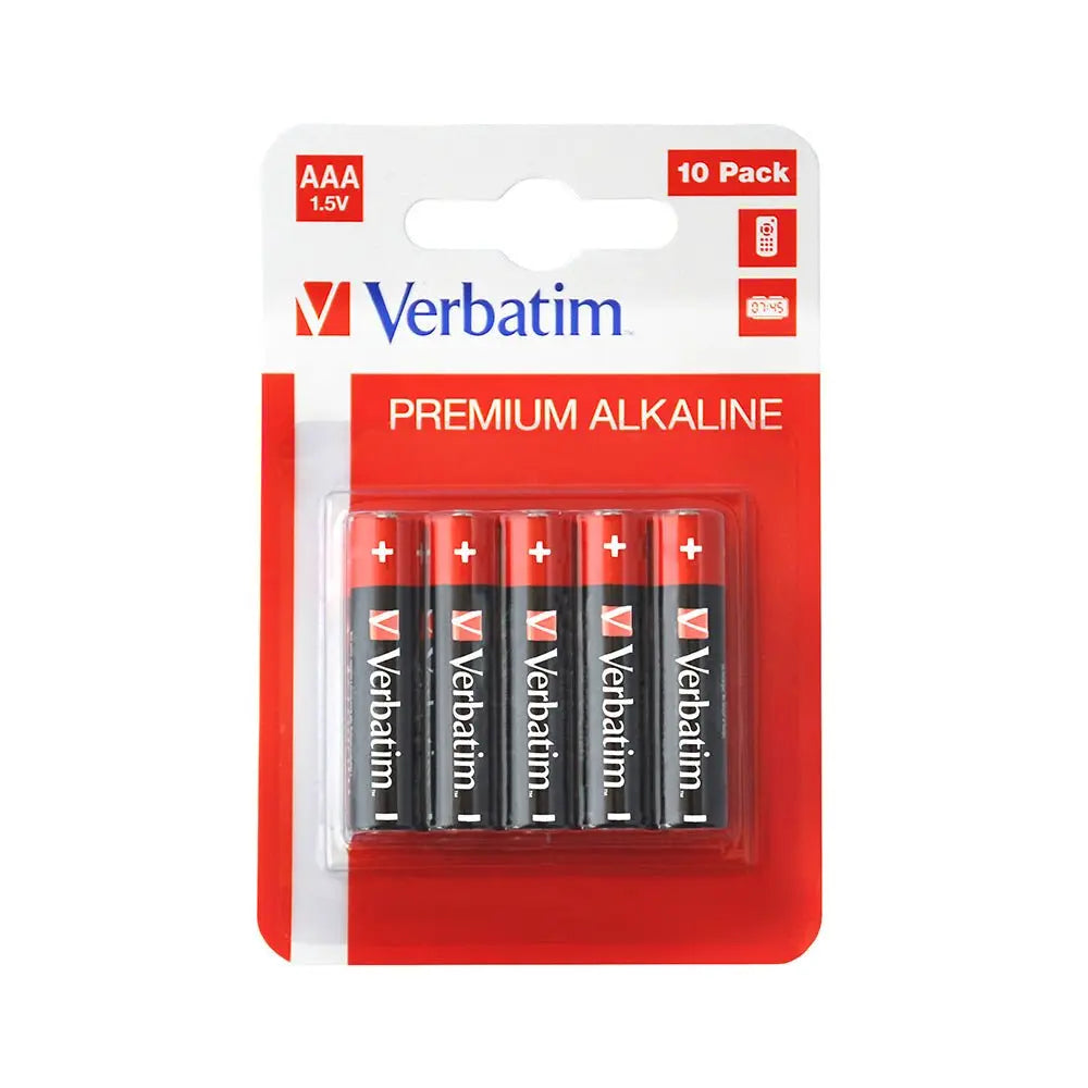 Pilhas AAA LR03 alcalinas Verbatim 1.5V, 10 unidades, mostradas em embalagem com pilhas empilhadas ao lado.