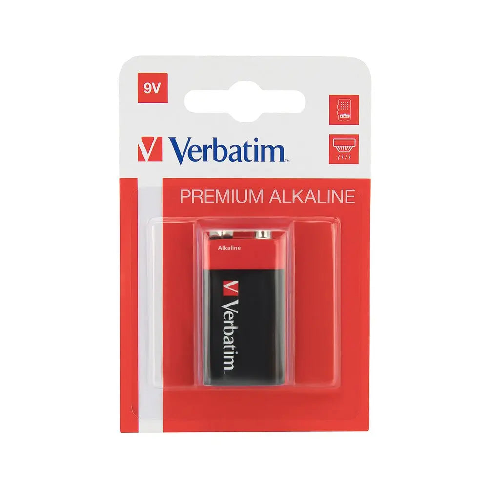 Pilhas alcalinas 9V Verbatim 6LR61 com capacidade de 500mAh, mostradas em embalagem individual.
