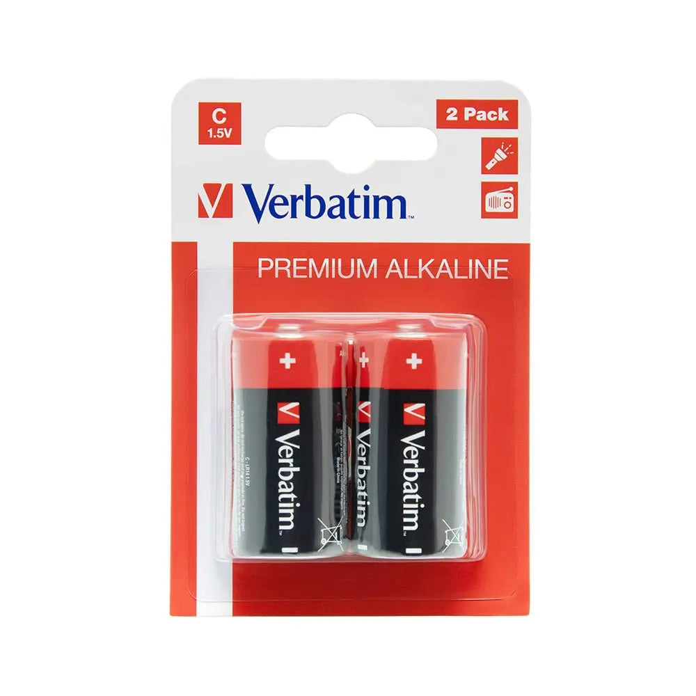 Duas pilhas alcalinas LR14/C Verbatim de 1,5V e 7500mAh, visíveis na imagem, prontas para uso em eletrônicos.