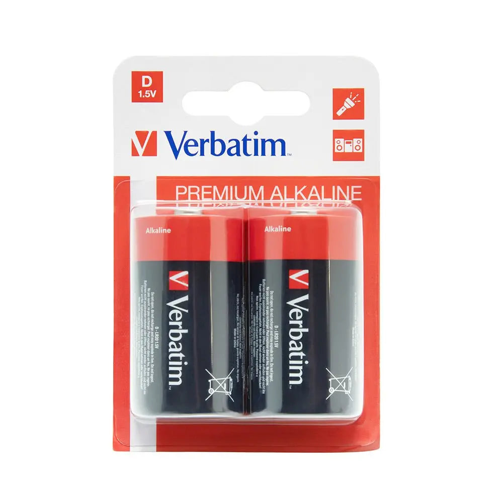 Duas pilhas alcalinas LR20 D de 1,5V da marca Verbatim para dispositivos eletrônicos.