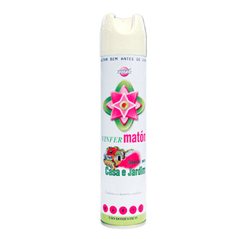 Aerosol inseticida Vinfer de 300ml para moscas e mosquitos, lata prateada com rótulo colorido, pronto para uso doméstico.