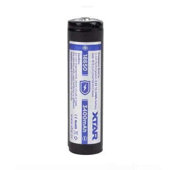 Pilhas recarregáveis XTar 18650 de 3,6V e 3400mAh, íon de lítio, mostradas em imagem sobre uma superfície branca.