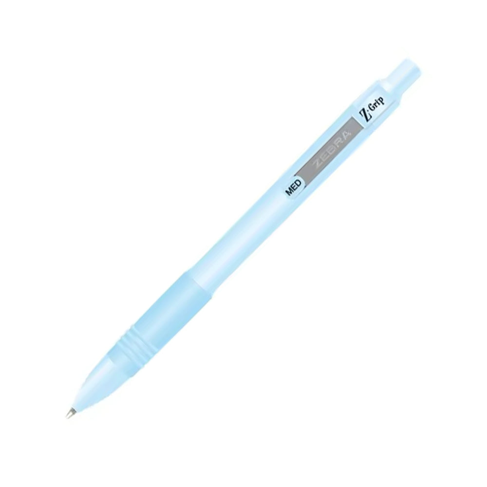 Caneta esferográfica Zebra Z-Grip azul pastel de 1mm, com escrita confortável e design ergonômico, ideal para uso diário.