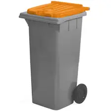 Contentor de 120L em plástico com 2 rodas, fundo preto e tampa laranja | Loja online bluepixel.pt
