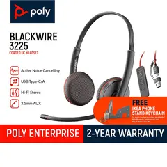 HP Poly Blackwire 3225 Stereo USB-C Headset +3.5mm Plug +USB-C/A Adapter