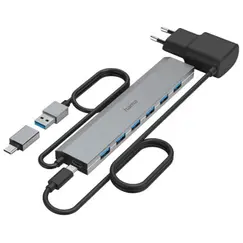HAMA USB HUB, 7 PORTS, USB 3.2 GEN 1, 5 GBIT/S, INCL. USB-C ADAPTER AND PSU