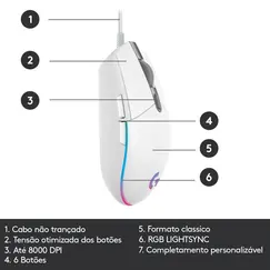 Logitech Gaming Mouse G203 LIGHTSYNC - Rato - óptico - 6 botões - com cabo - USB - branco