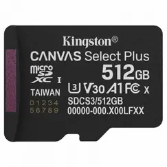 Tarjeta de Memoria Kingston CANVAS Select Plus 512GB microSD XC/ Clase 10/ 150MBs
